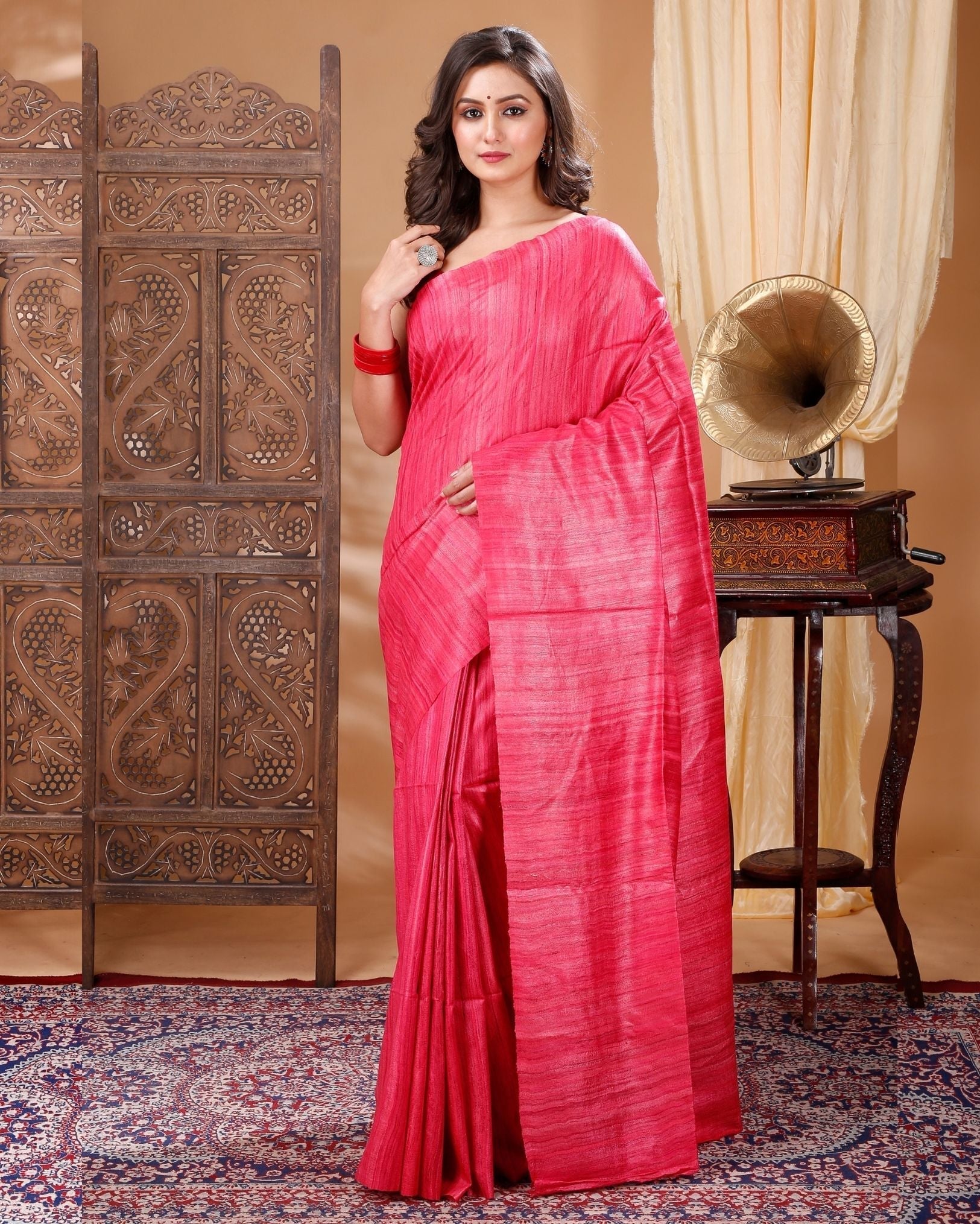 Ziyorah| Silkmark Certified Gichcha Tussar Handloom Hand Dyed Red Plain Saree With Running Blouse