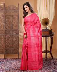 Ziyorah| Silkmark Certified Gichcha Tussar Handloom Hand Dyed Red Plain Saree With Running Blouse