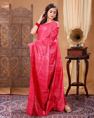 Ziyorah| Silkmark Certified Gichcha Tussar Handloom Hand Dyed Red Plain Saree With Running Blouse