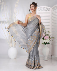 Ziyorah | Banswara Silk Gray Saree Lotus Embroidery Running Blouse