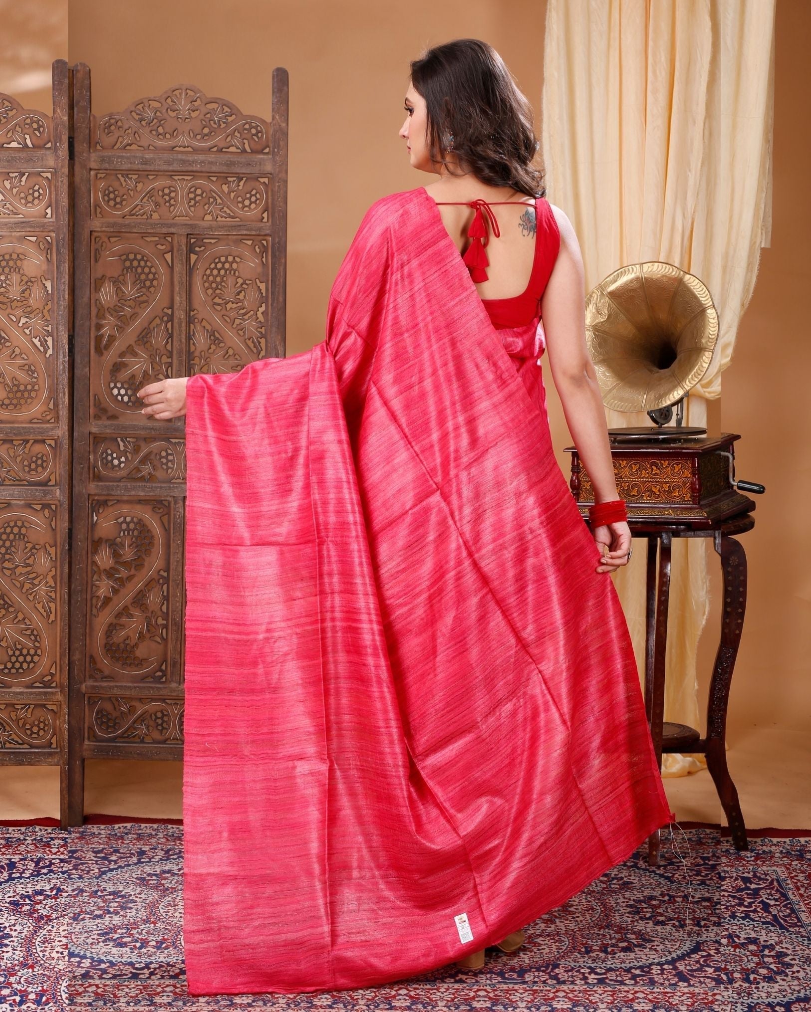 Ziyorah| Silkmark Certified Gichcha Tussar Handloom Hand Dyed Red Plain Saree With Running Blouse