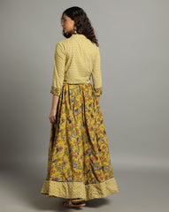 Ziyorah | Blockprinted Cotton Yellow Stitched Lehanga