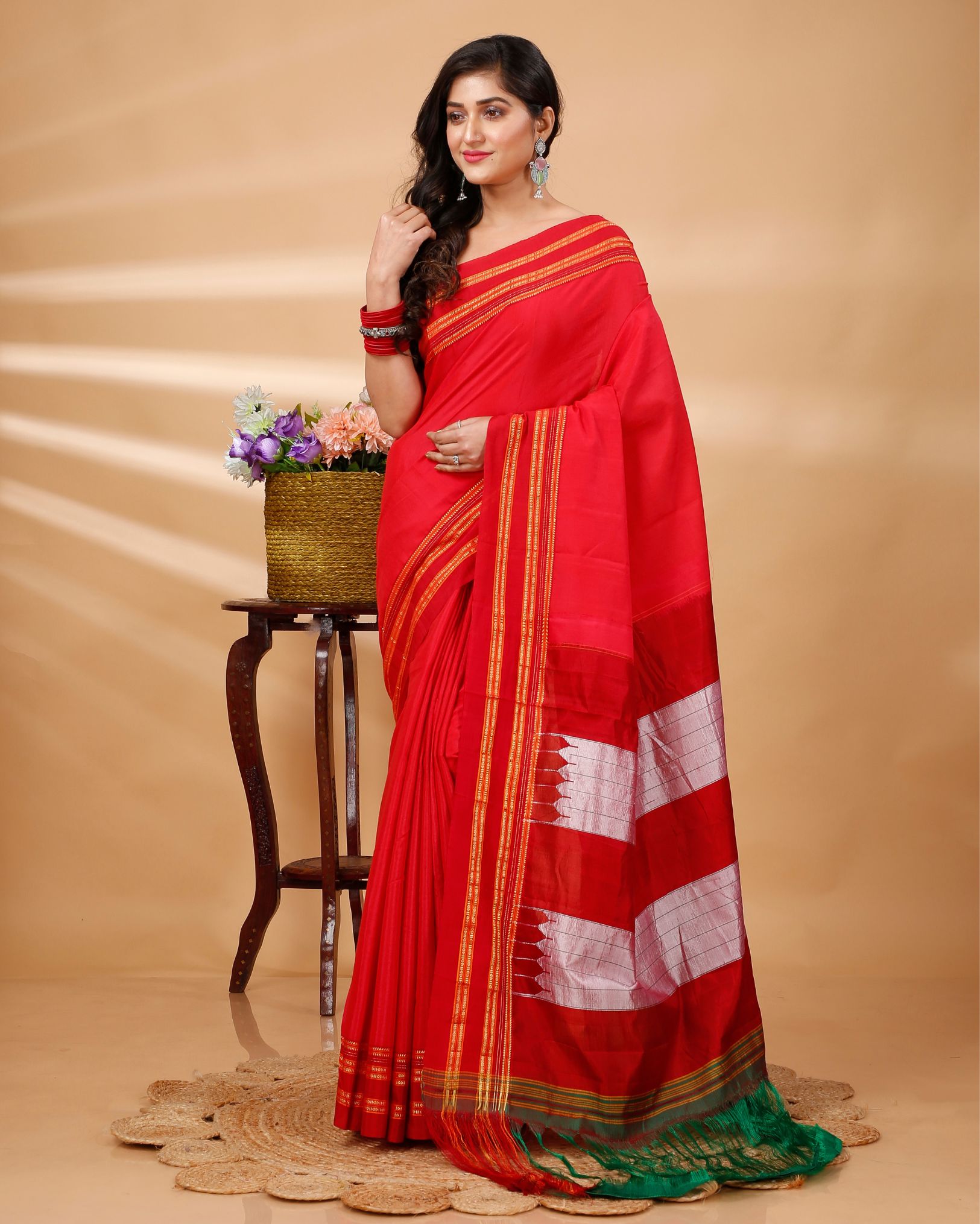 Ziyorah| Ilkal Handloom Cotton Silk Saree Red Color With Running Blouse