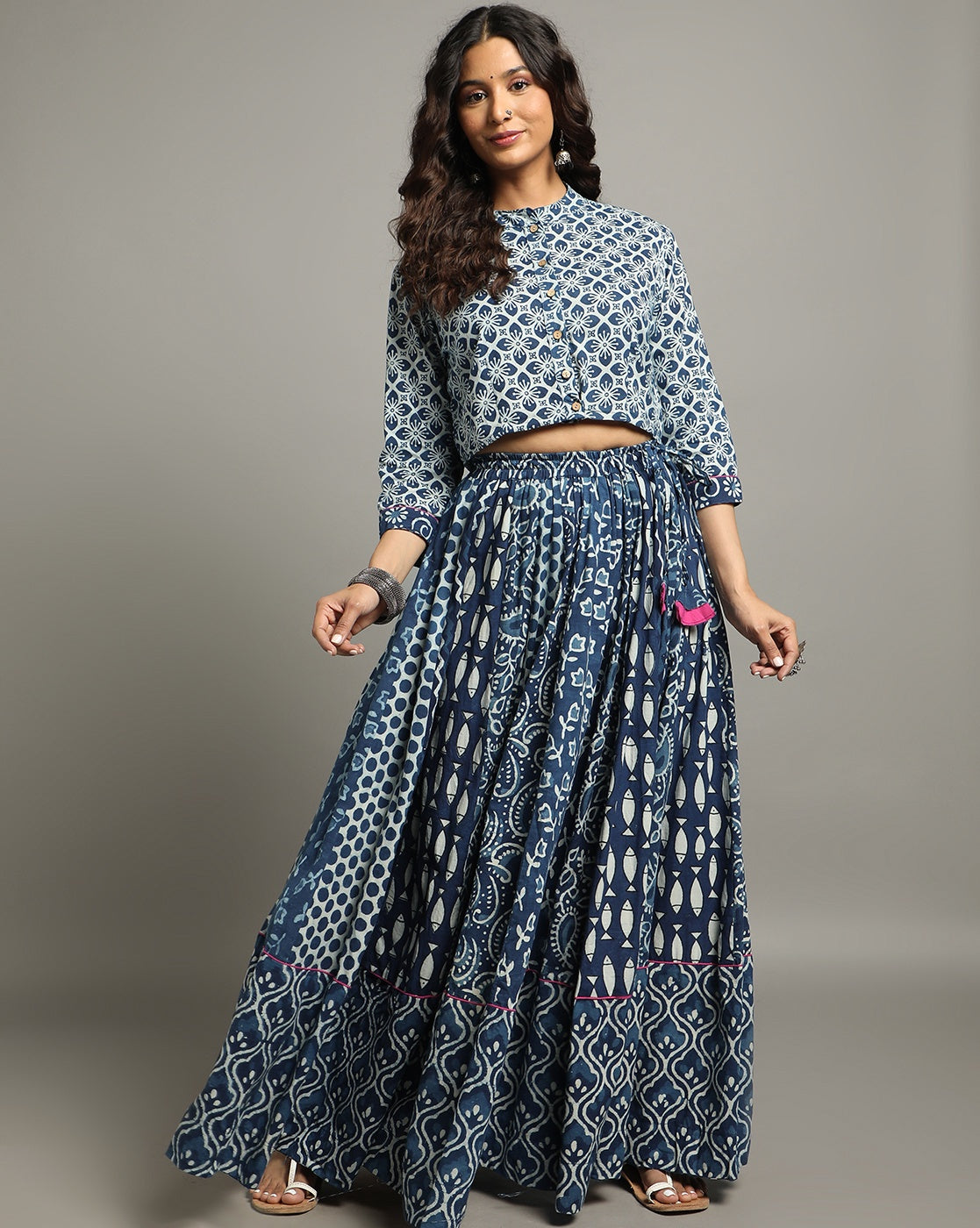 Ziyorah | Blockprinted Cotton Indigo Stitched Lehanga