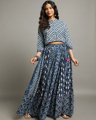 Ziyorah | Blockprinted Cotton Indigo Stitched Lehanga