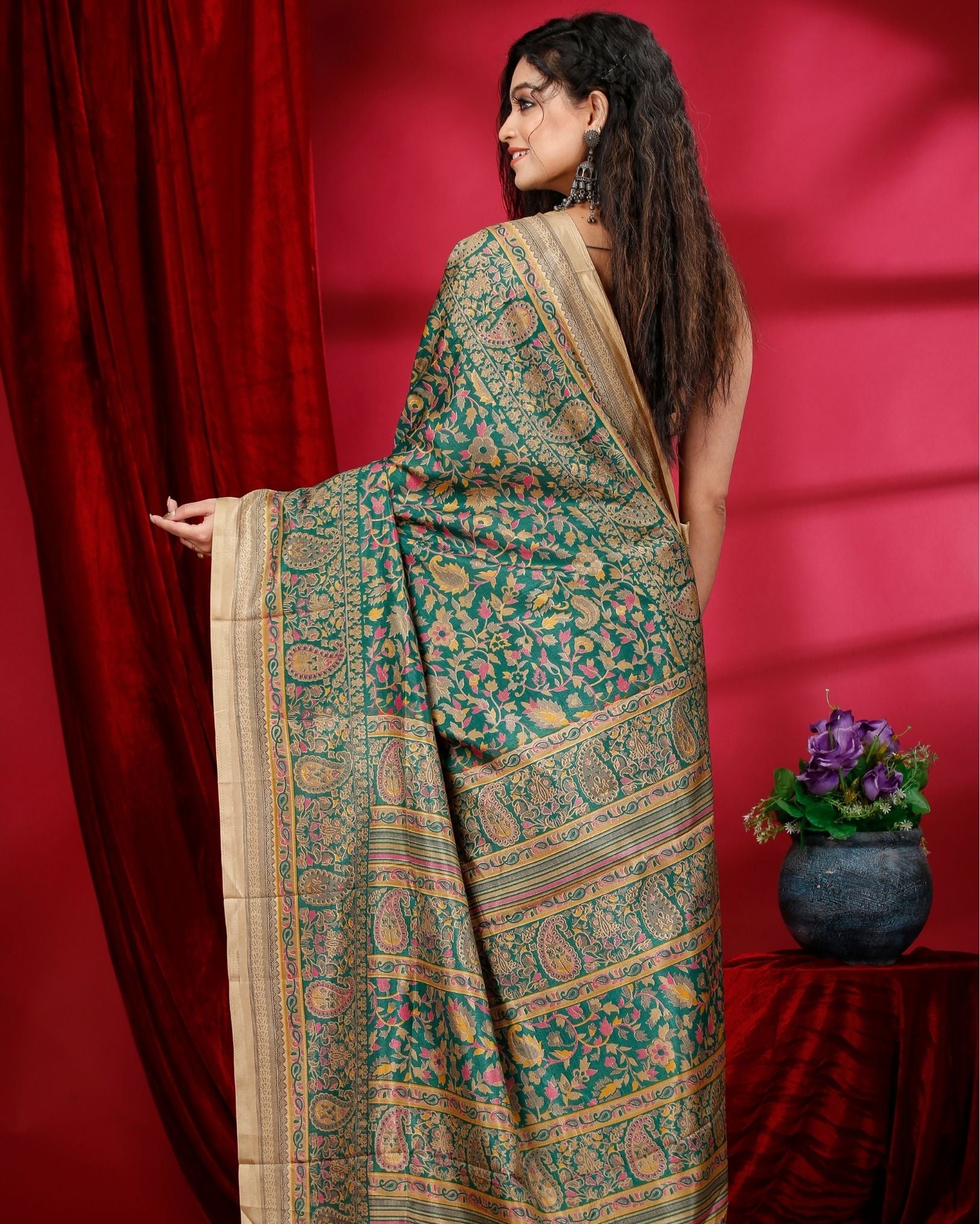 Ziyorah | Kashmiri Silk Green Printed Saree