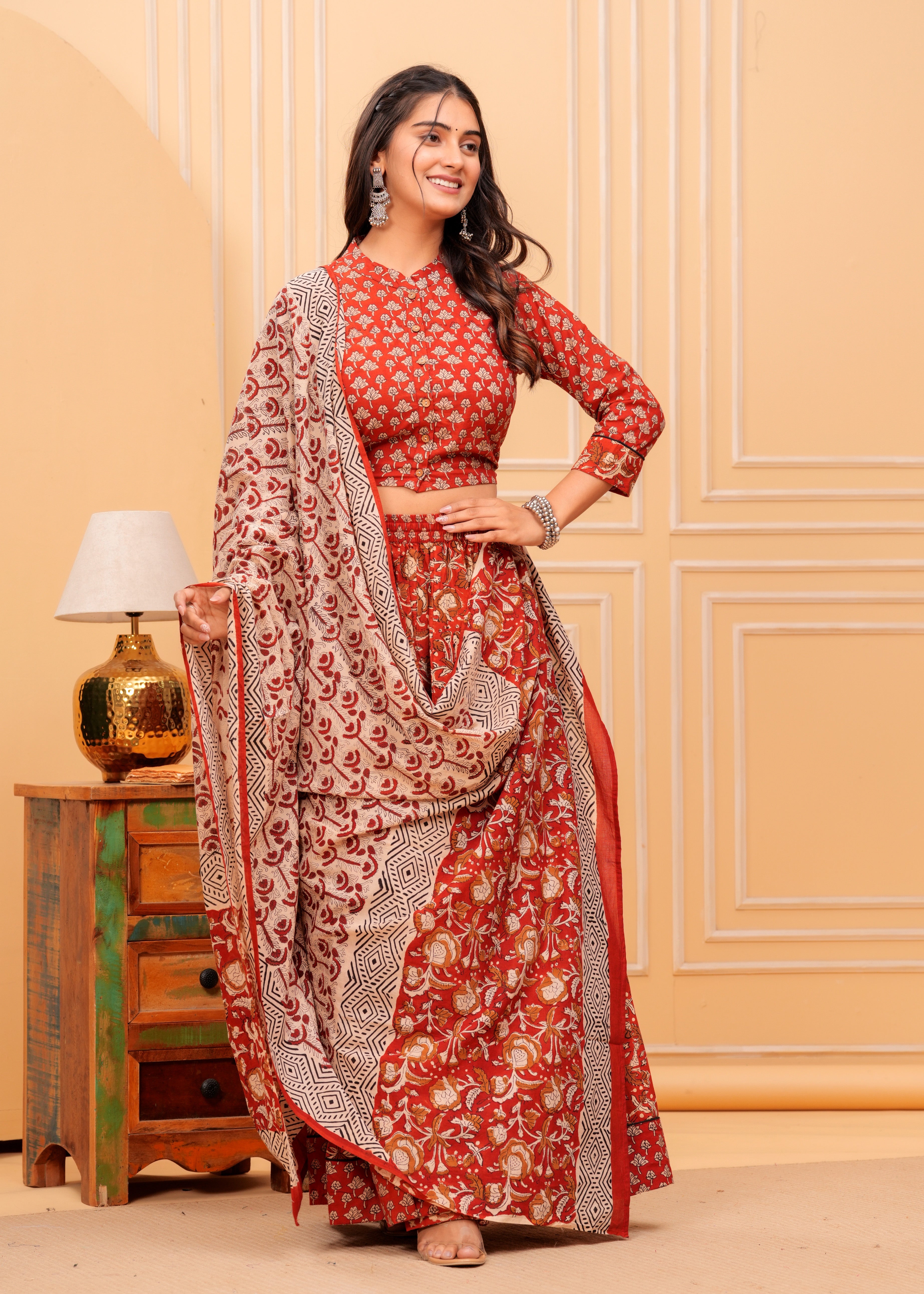 Ziyorah | Blockprinted Red Lehanga Choli Set