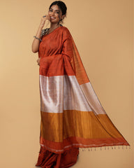 Ziyorah| Silk Linen Plain Saree Brown Color With Contrast Border And Attached Running Blouse