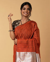 Ziyorah| Silk Linen Plain Saree Brown Color With Contrast Border And Attached Running Blouse