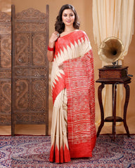 Ziyorah| Silkmark Certified Tussar Silk Handloom Handblock Printed Beige & Red Saree With Blouse