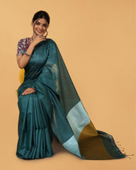 Ziyorah| Silk Linen Plain Saree Green Color With Contrast Border And Attached Running Blouse