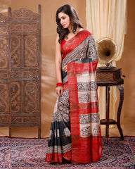 Ziyorah| Silkmark Certifiied Tussar Silk Handloom Handblock Printed Black & Khaki Colour Saree With Blouse