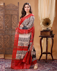 Ziyorah| Silkmark Certifiied Tussar Silk Handloom Handblock Printed Black & Khaki Colour Saree With Blouse