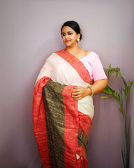 Ziyorah| Pure Ghicha Tussar Silk Biege Saree With Running Blouse Silkmark Certified