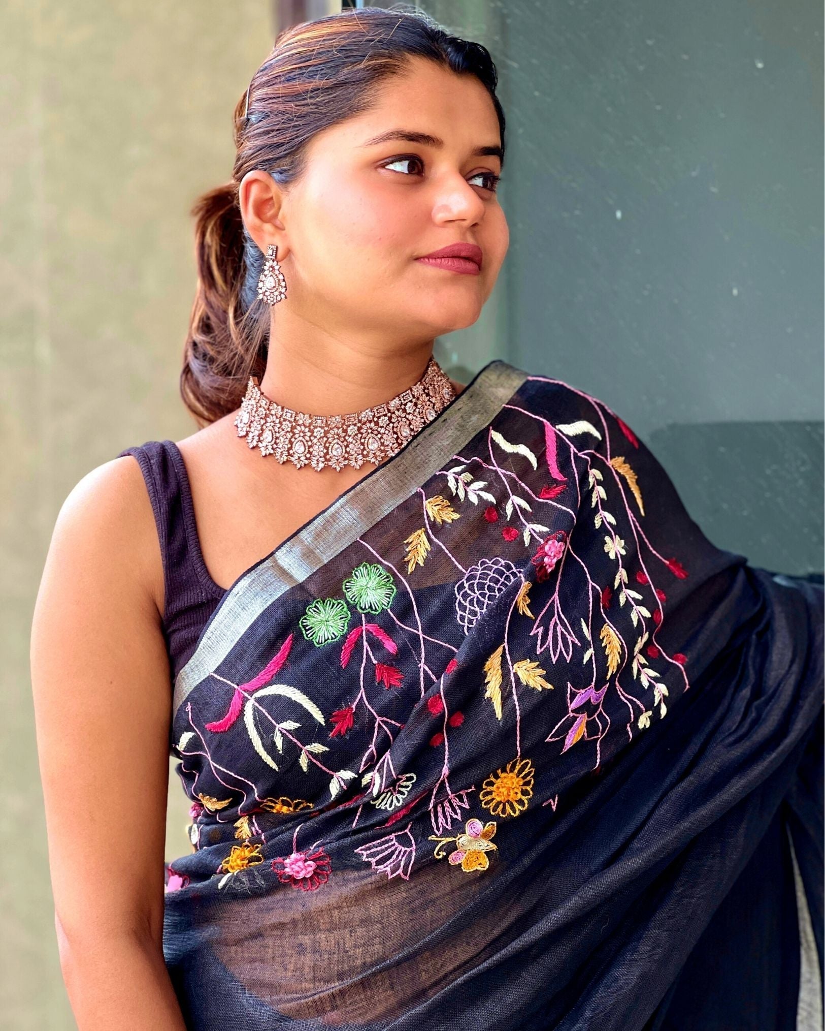 Ziyorah| Pure Linen Black Embroidered Saree With Running Blouse