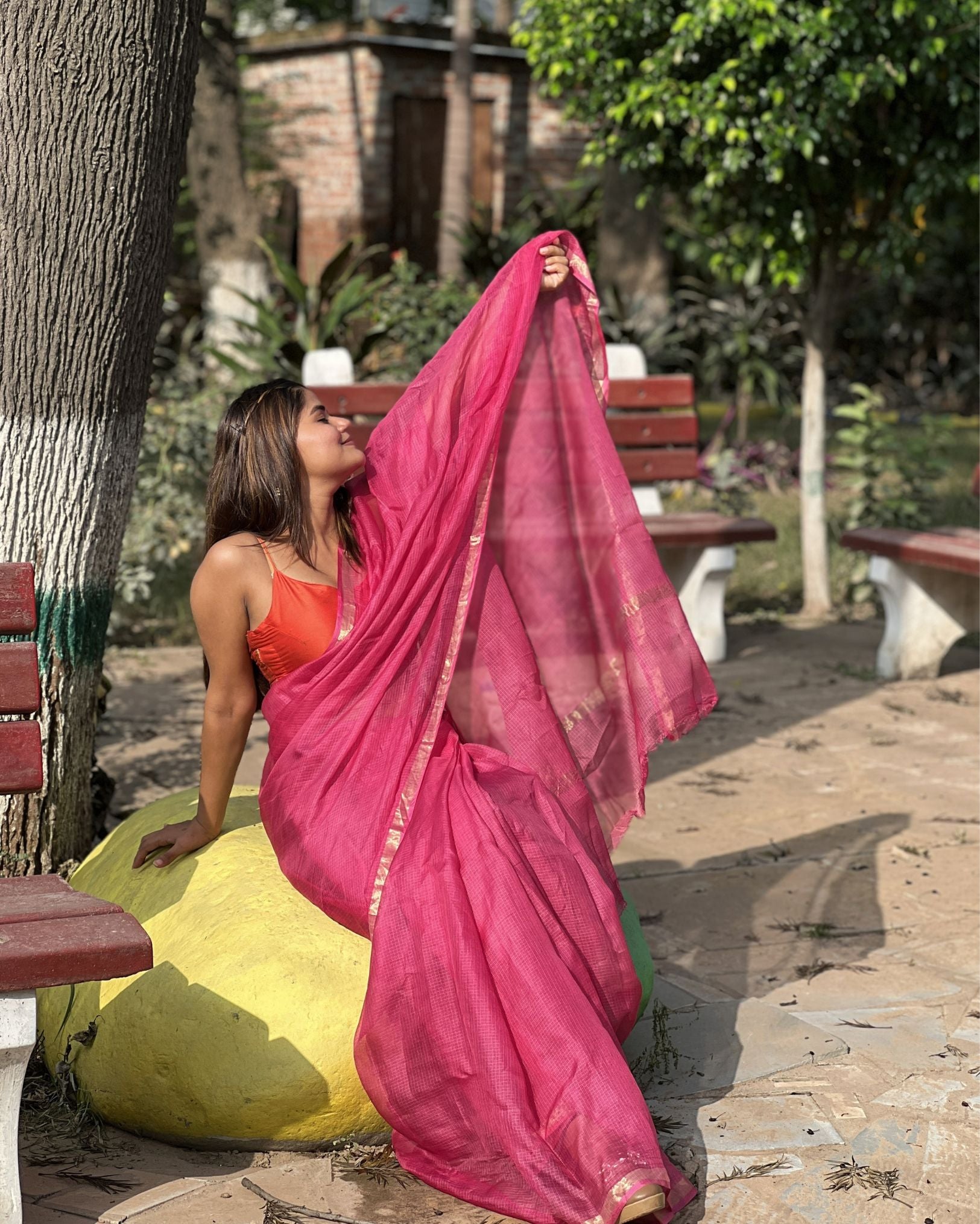 Ziyorah| Kota Doria Pure Silk Pink Saree Hand Dyed With Blouse