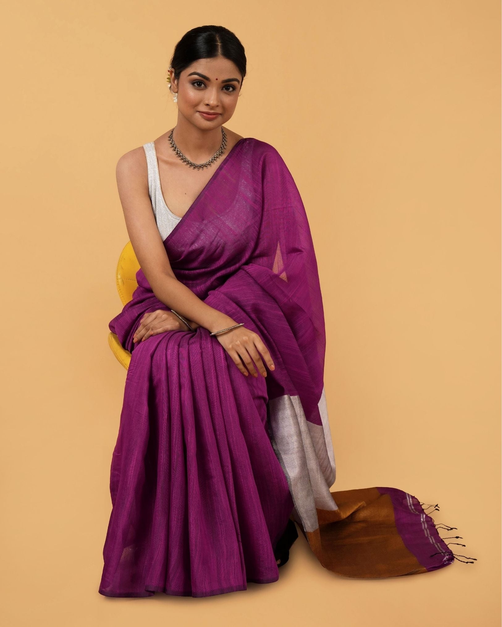 Ziyorah| Silk Linen Plain Saree Deep Purple Color With Contrast Border And Attached Running Blouse