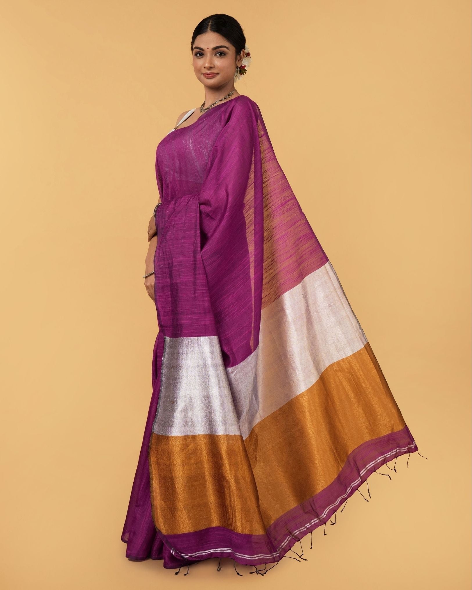 Ziyorah| Silk Linen Plain Saree Deep Purple Color With Contrast Border And Attached Running Blouse