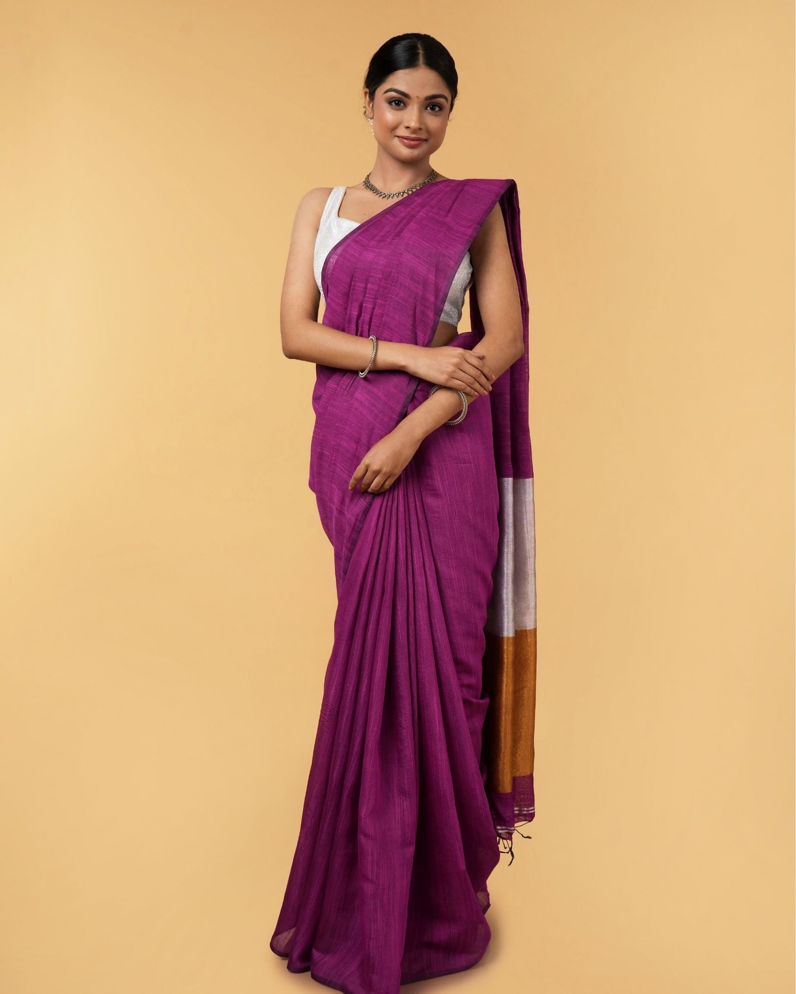 Ziyorah| Silk Linen Plain Saree Deep Purple Color With Contrast Border And Attached Running Blouse