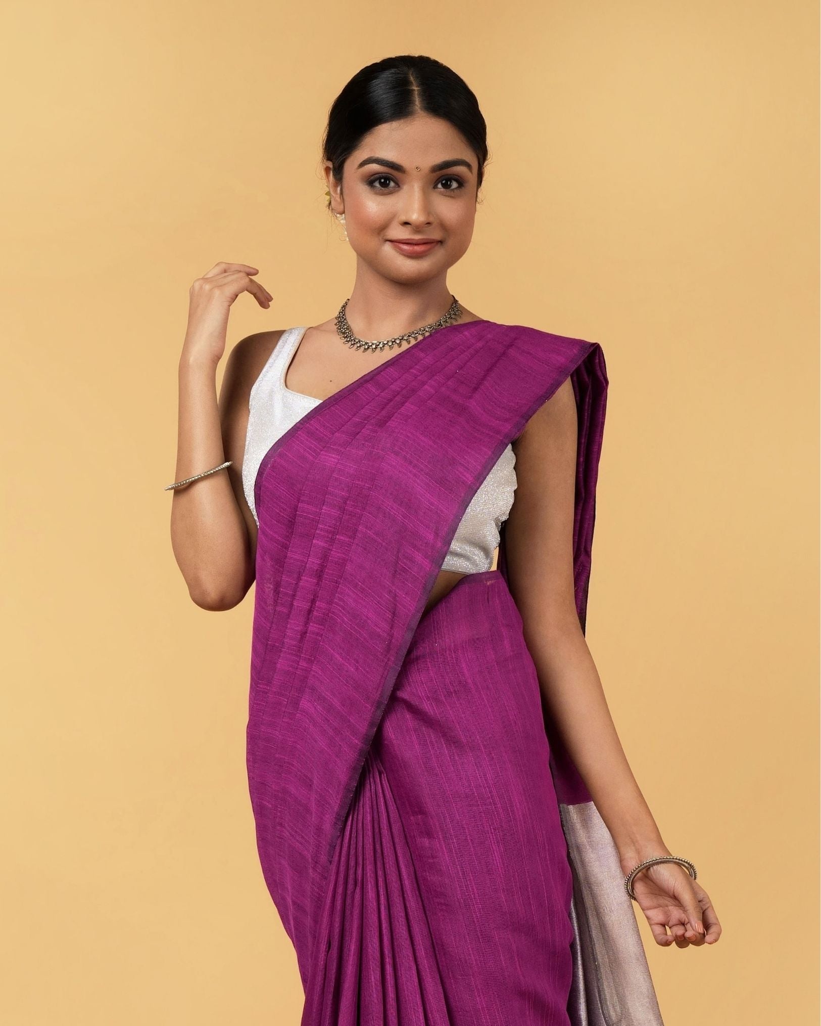 Ziyorah| Silk Linen Plain Saree Deep Purple Color With Contrast Border And Attached Running Blouse