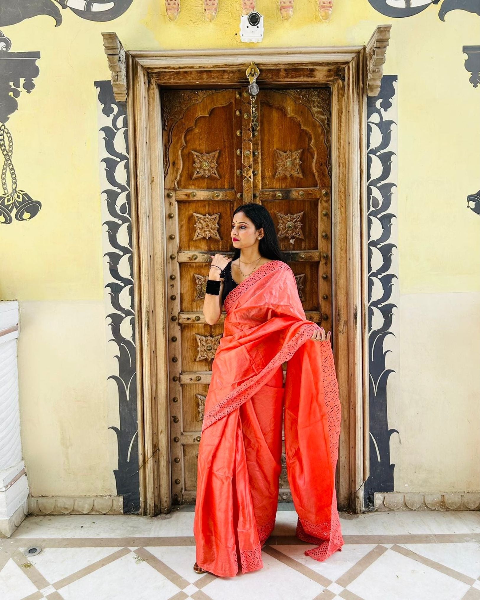 Ziyorah| Silkmark Certified Pure Tussar Hand Cutwork Persian Red Saree (Tussar By Tussar Fabric)