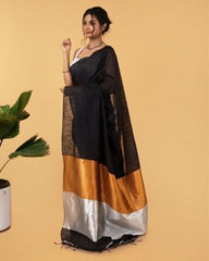 Ziyorah| Silk Linen Plain Saree Black Color With Contrast Border And Attached Running Blouse