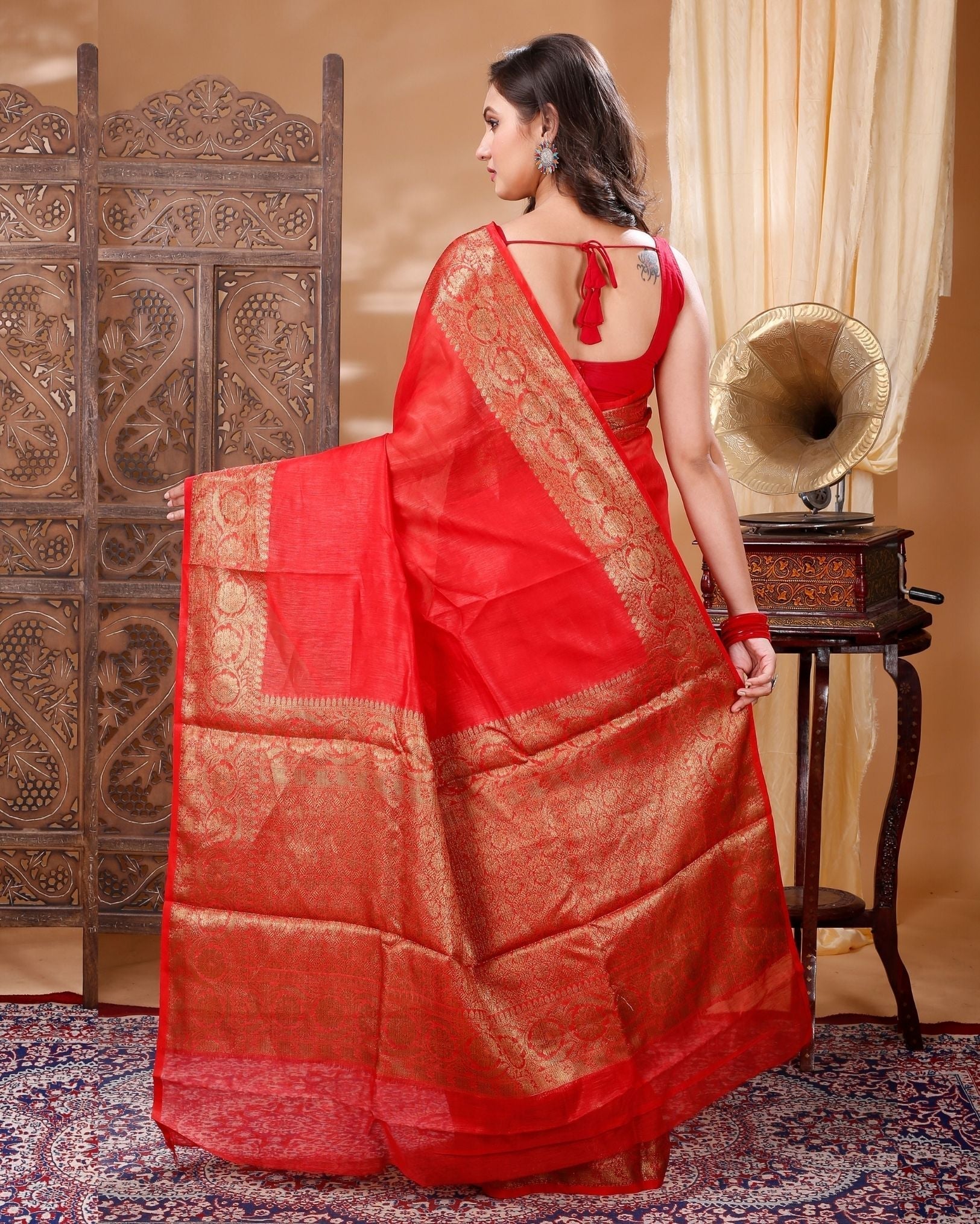 Ziyorah| Silk Linen Banarasi Brocade Handloom Orange Saree With Blouse