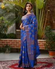 Ziyorah| Silkmark Certified Tussar Moonga Banarasi Silk Saree Navy Blue Color With Running Blouse