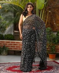 Ziyorah| Georgette Handcrafted Tepchi Work Black Saree With Running Blouse