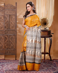 Ziyorah| Silkmark Certifiied Tussar Silk Handloom Handblock Printed Dark Yellow & Spanish Grey Colours Saree With Blouse