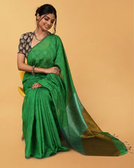 Ziyorah| Silk Linen Plain Saree Green Color With Contrast Border And Attached Running Blouse