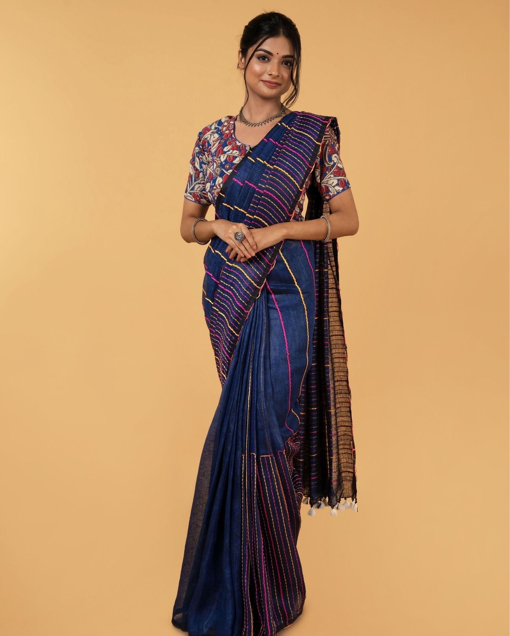 Ziyorah| Kantha Pure Linen Saree Resolution Blue Colour With Kantha Blouse