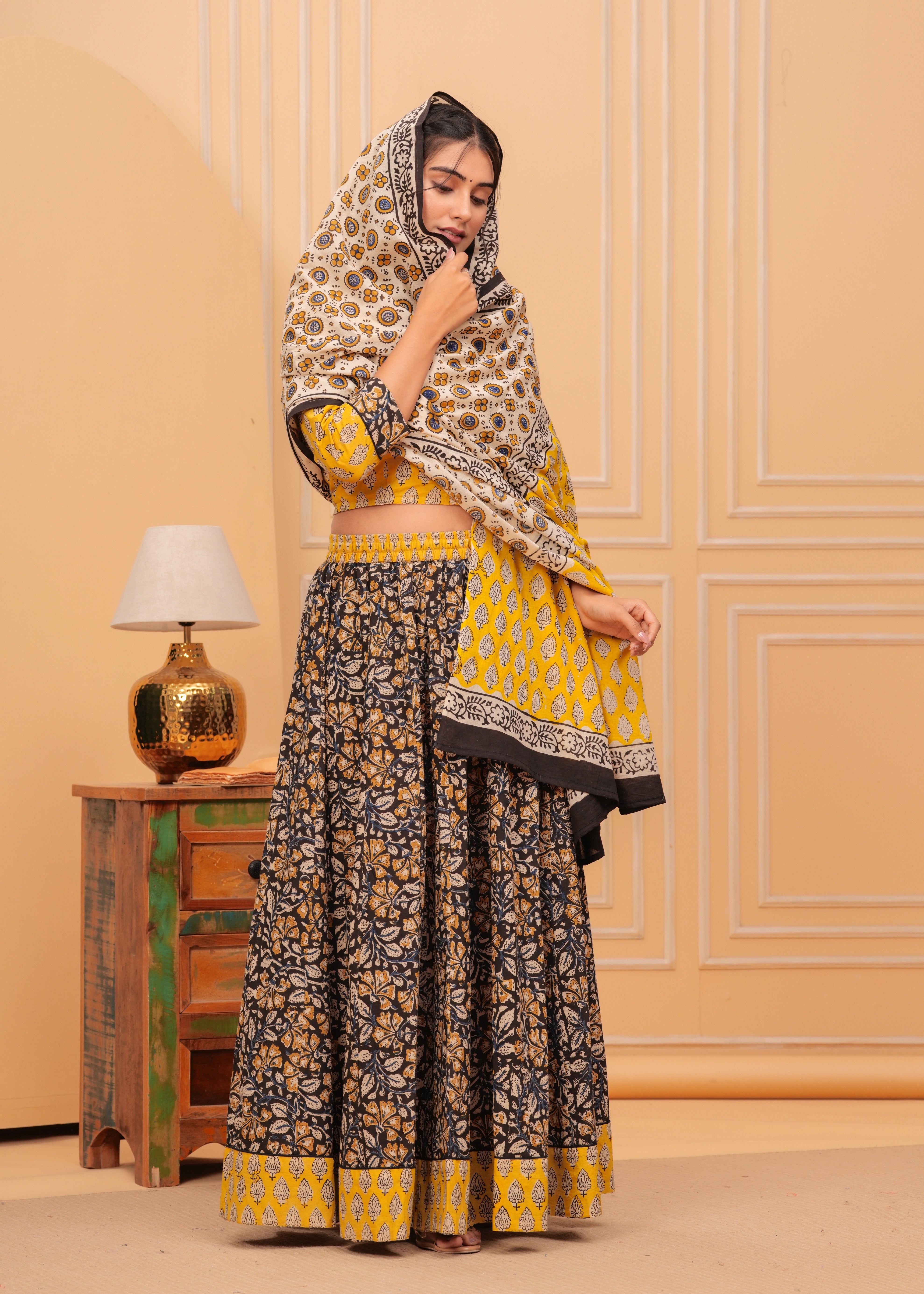 Ziyorah | Blockprinted Black & Yellow Lehanga Choli Set