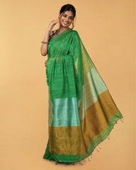 Ziyorah| Silk Linen Plain Saree Green Color With Contrast Border And Attached Running Blouse