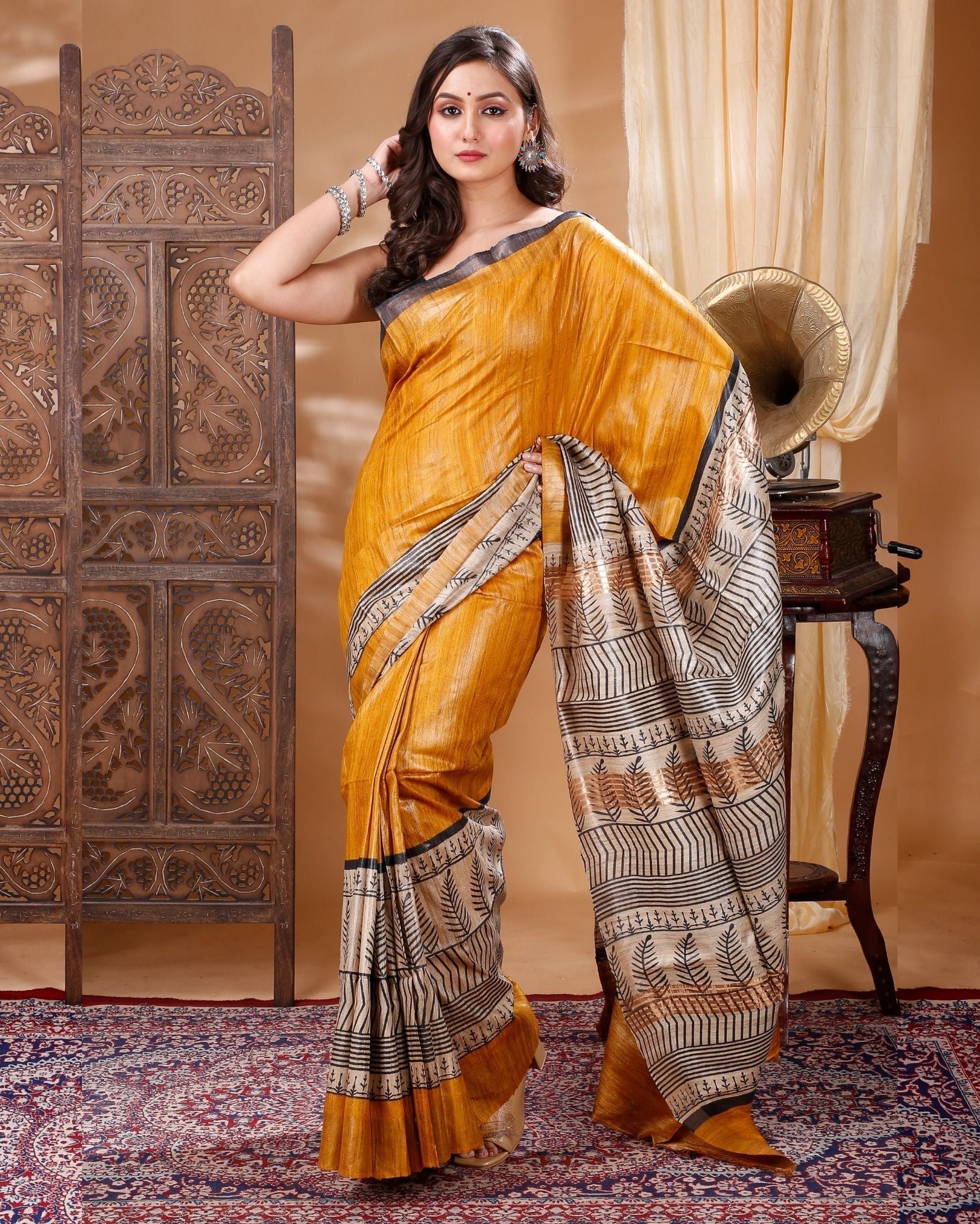 Ziyorah| Silkmark Certifiied Tussar Silk Handloom Handblock Printed Dark Yellow & Spanish Grey Colours Saree With Blouse