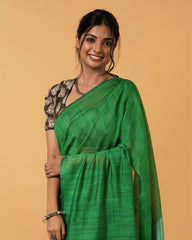 Ziyorah| Silk Linen Plain Saree Green Color With Contrast Border And Attached Running Blouse