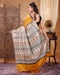 Ziyorah| Silkmark Certifiied Tussar Silk Handloom Handblock Printed Dark Yellow & Spanish Grey Colours Saree With Blouse