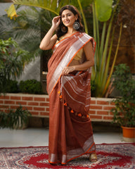 Ziyorah| Handwoven Pure Linen Brown Saree With Running Blouse