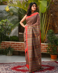 Ziyorah| Pure Cotton Handloom Saree Plain Body Martini Brown Color With Running Blouse