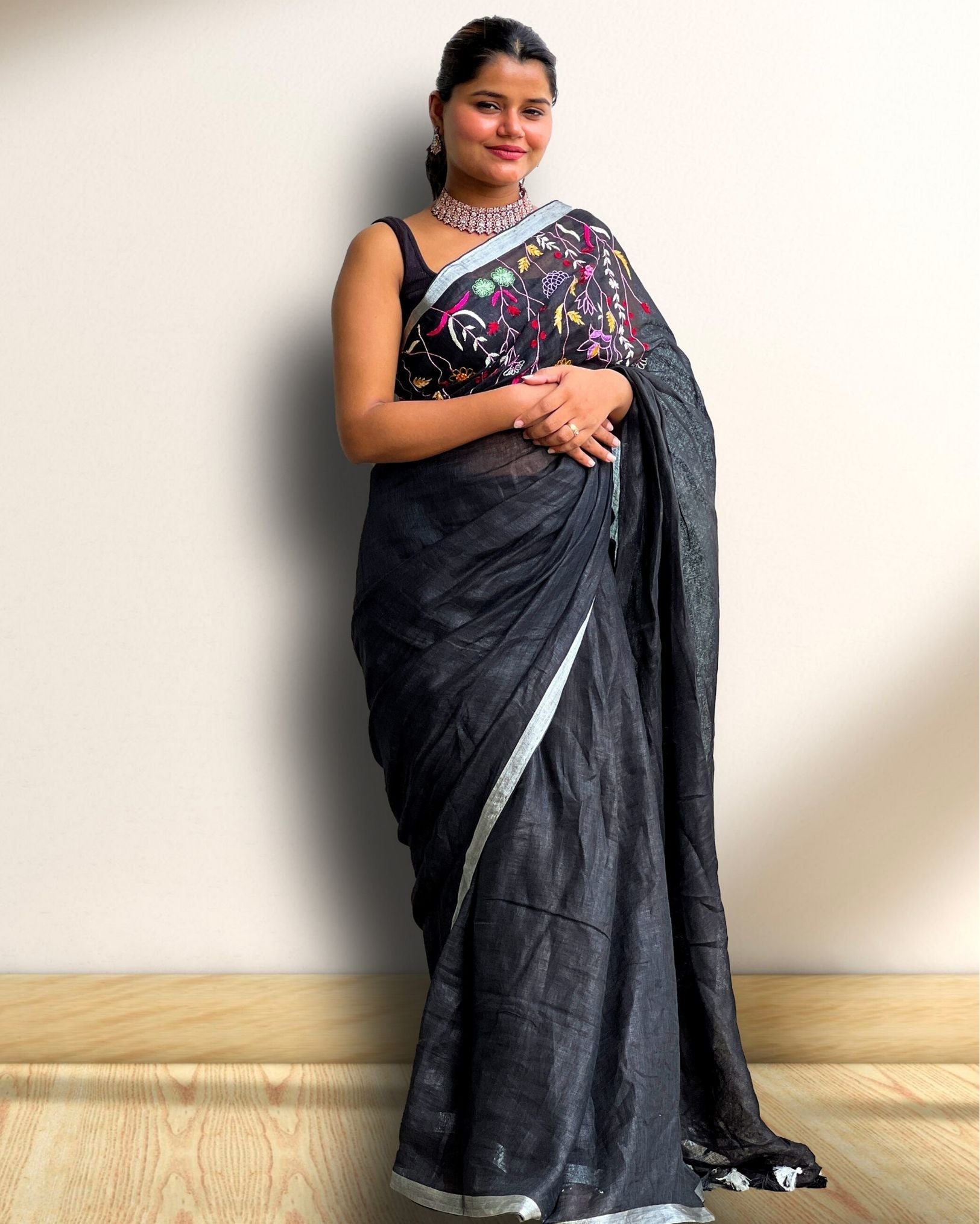 Ziyorah| Pure Linen Black Embroidered Saree With Running Blouse