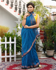 Ziyorah| Pure Linen Saree Sequence Design Bahama Blue Color With Running Blouse