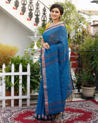 Ziyorah| Pure Linen Saree Sequence Design Bahama Blue Color With Running Blouse