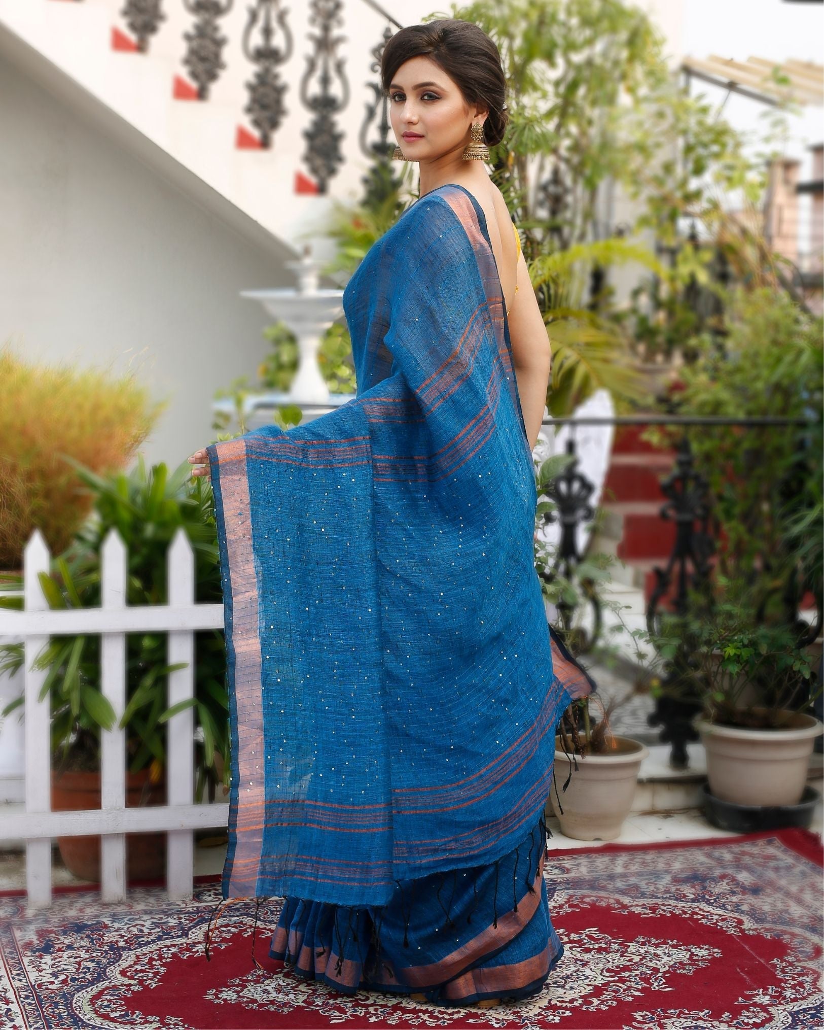 Ziyorah| Pure Linen Saree Sequence Design Bahama Blue Color With Running Blouse