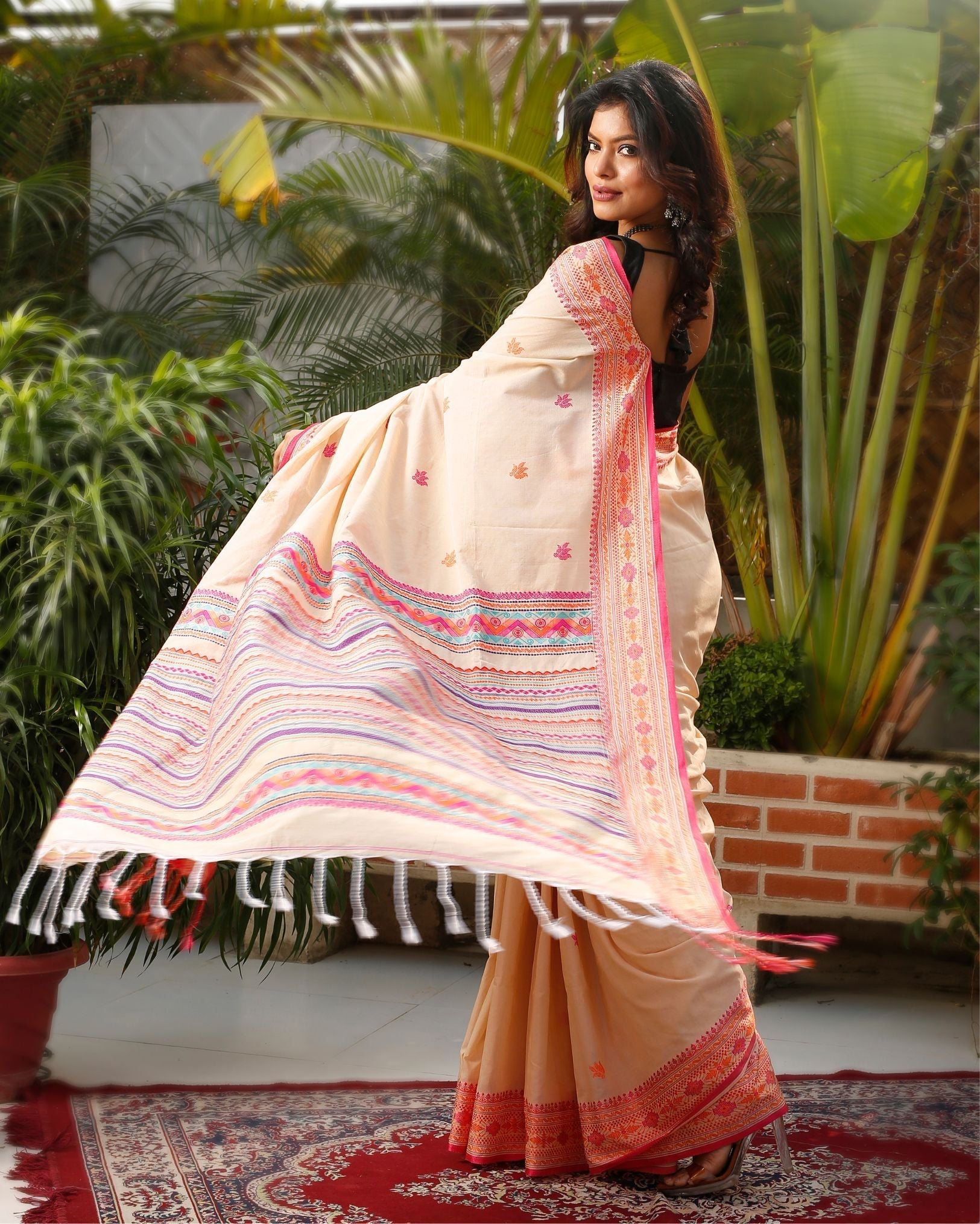 Ziyorah| Pure Cotton Handloom Saree Striped Design Pallu Peach Color With Running Blouse