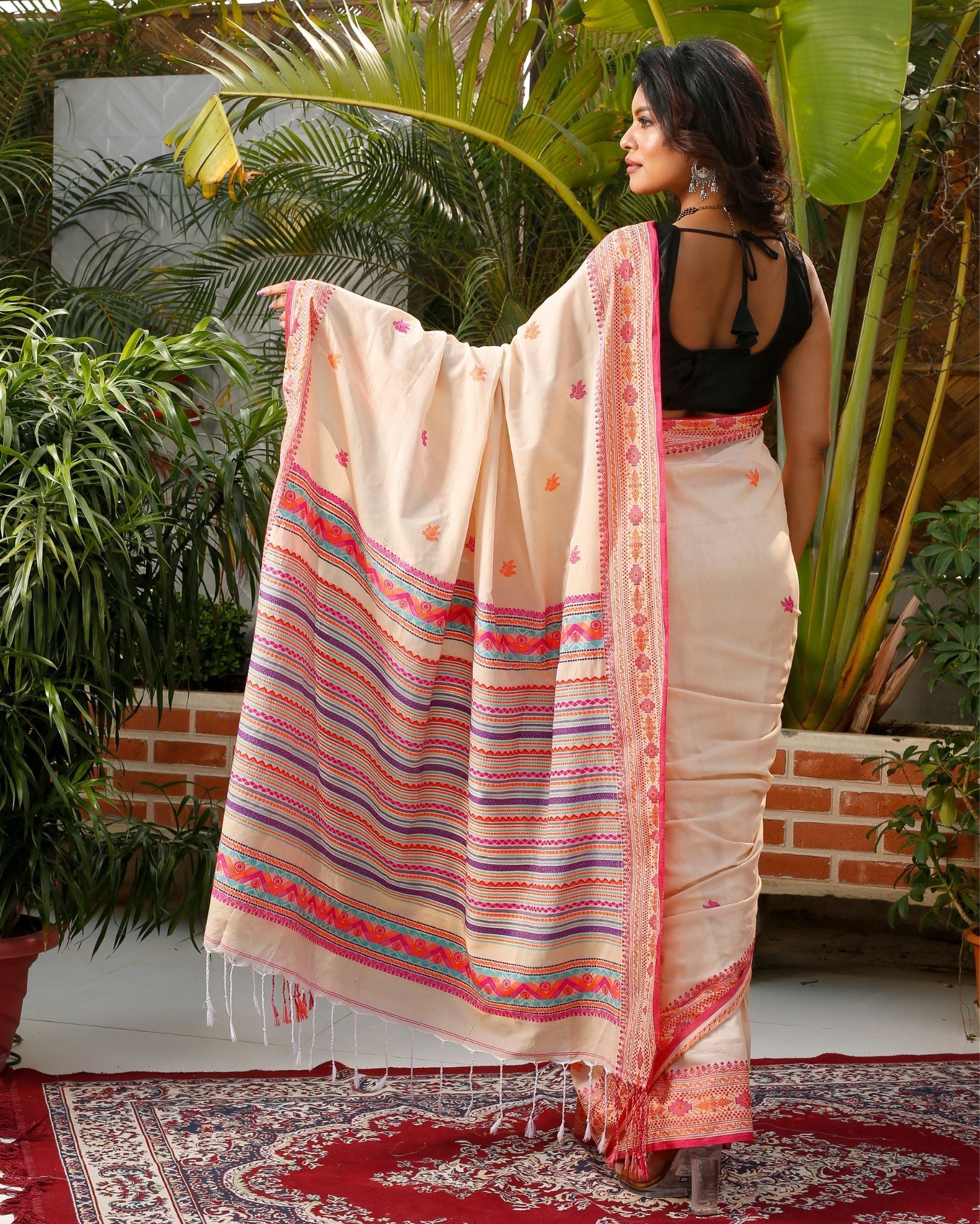 Ziyorah| Pure Cotton Handloom Saree Striped Design Pallu Peach Color With Running Blouse