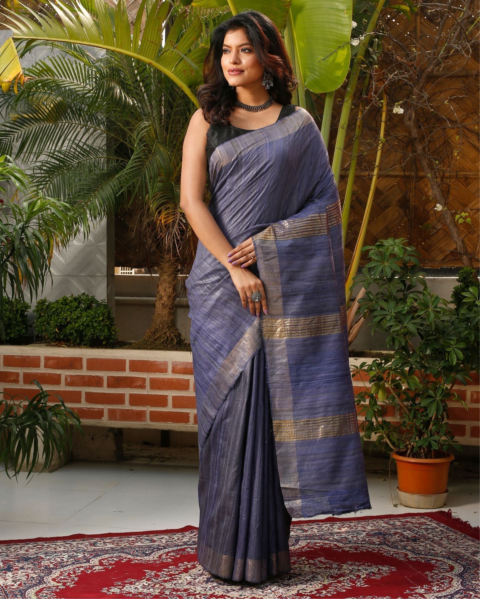 Ziyorah| Silkmark Certified Gichcha Tussar Handloom Hand Dyed Blue Saree With Contrast Blouse