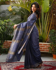 Ziyorah| Silkmark Certified Gichcha Tussar Handloom Hand Dyed Blue Saree With Contrast Blouse