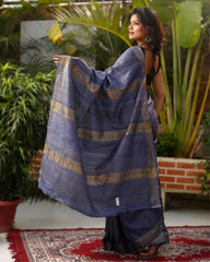 Ziyorah| Silkmark Certified Gichcha Tussar Handloom Hand Dyed Blue Saree With Contrast Blouse