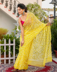 Ziyorah| Georgette Handcrafted Tepchi Work Yellow Saree With Running Blouse