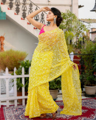 Ziyorah| Georgette Handcrafted Tepchi Work Yellow Saree With Running Blouse